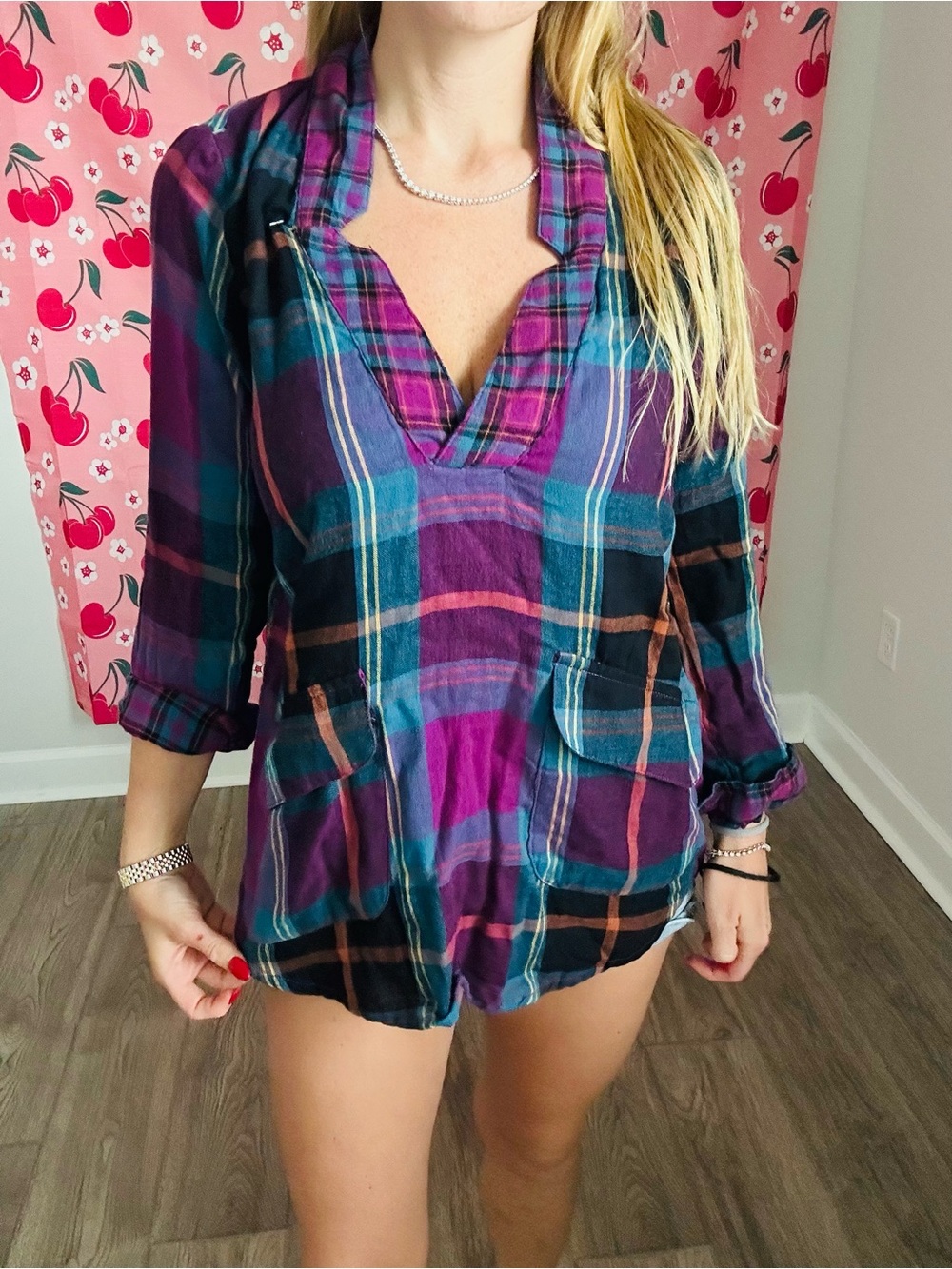 NATURAL LIFE Purple and Teal Plaid V-Neck Tunic